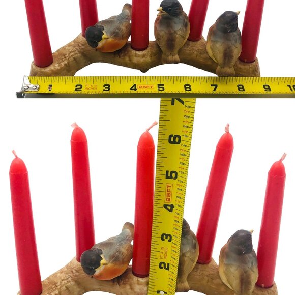 Vtg Lenox Japan Ceramic 3 Song Birds on Log Candle Holder w/ 5 Red Tapers - Picture 9 of 10
